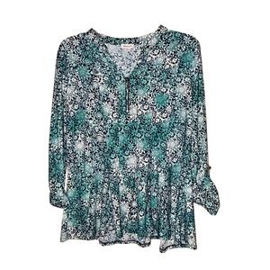 Westport Blue Floral Blouse Zip V Neck Mandarin Collar Relaxed‎ Fit Size Medium